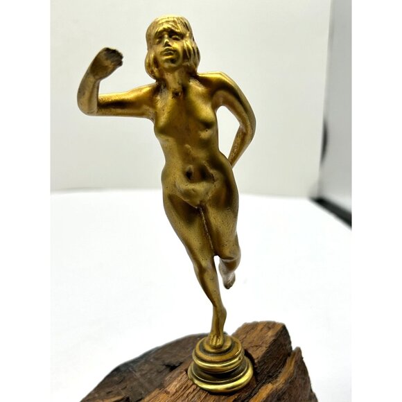 Brass Bronze Cast Metal Art Deco 8" Nude Statue Figurine Lady on Wood Base Vtg - Picture 9 of 15